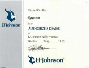 EF Johnson Authorized Dealer Certificate
