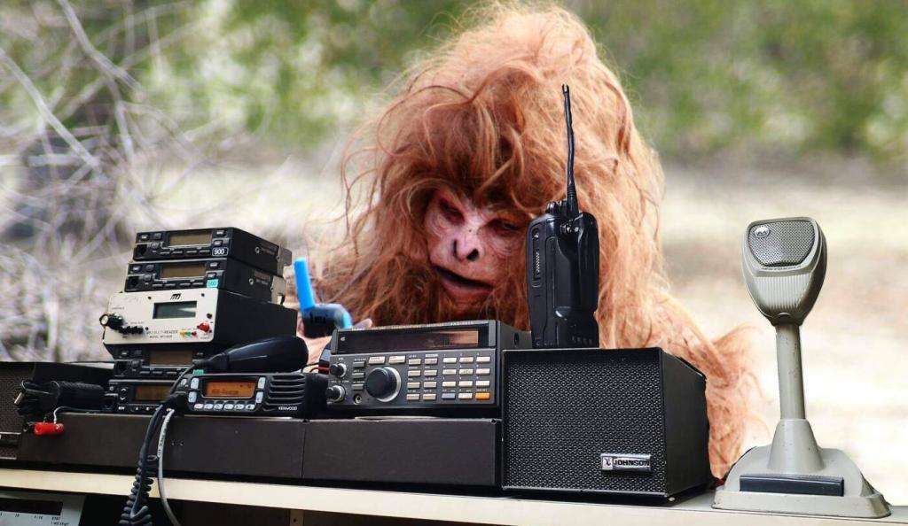 Sasquatch with a selection of radios.