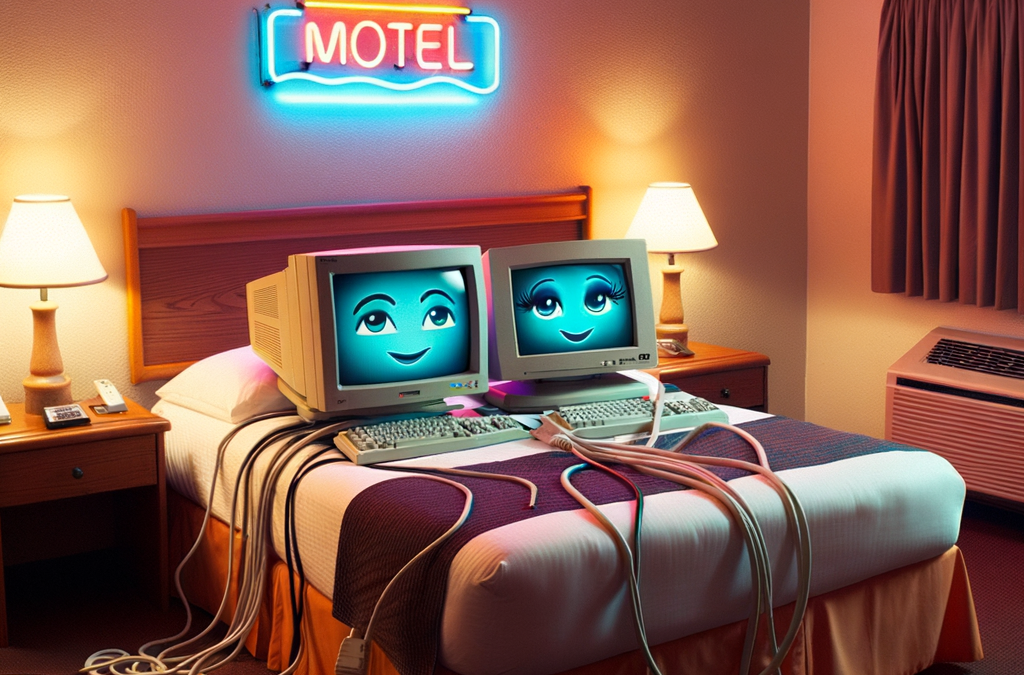 A funny images about the sex life of two computer in a motel bed