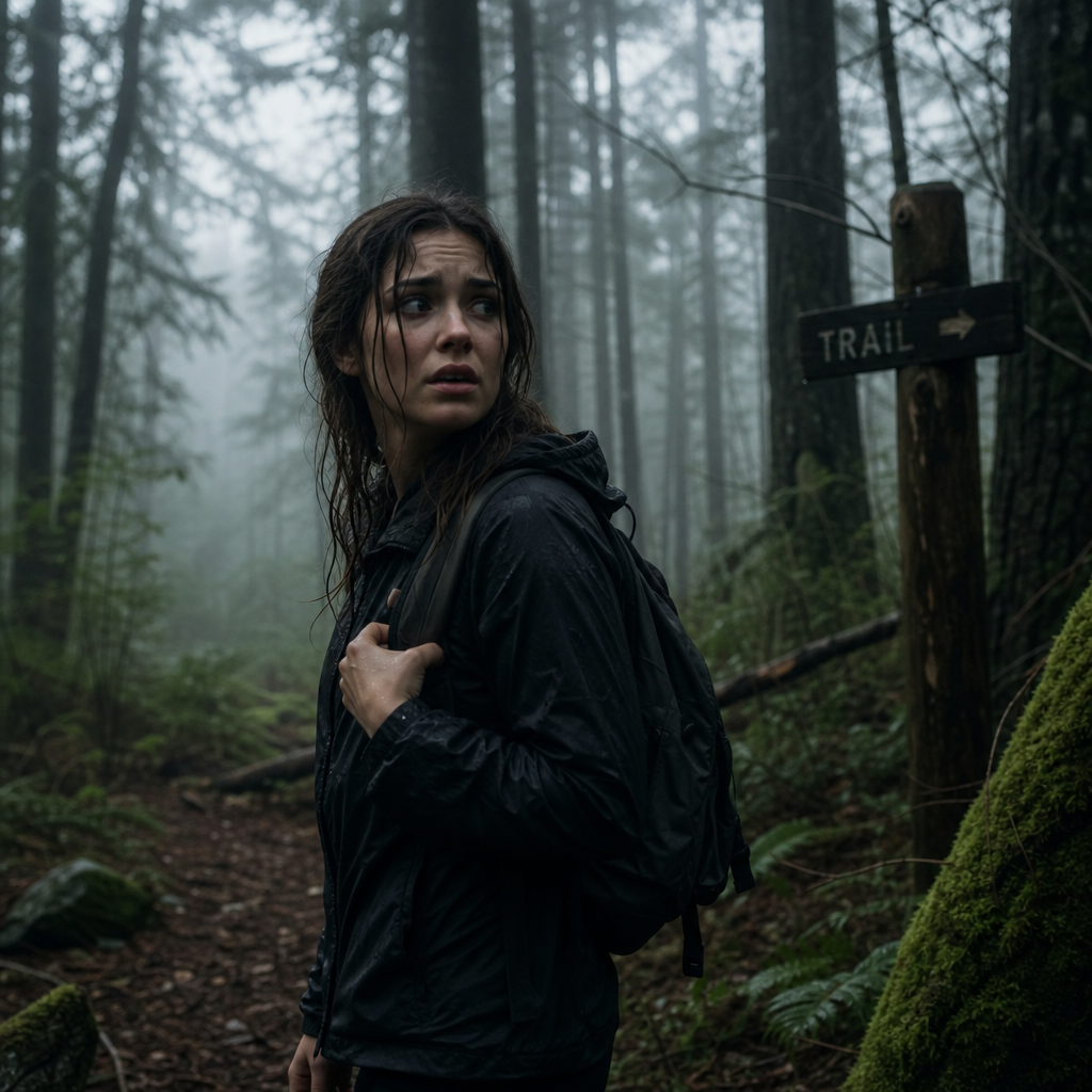 A woman lost in the woods needing help